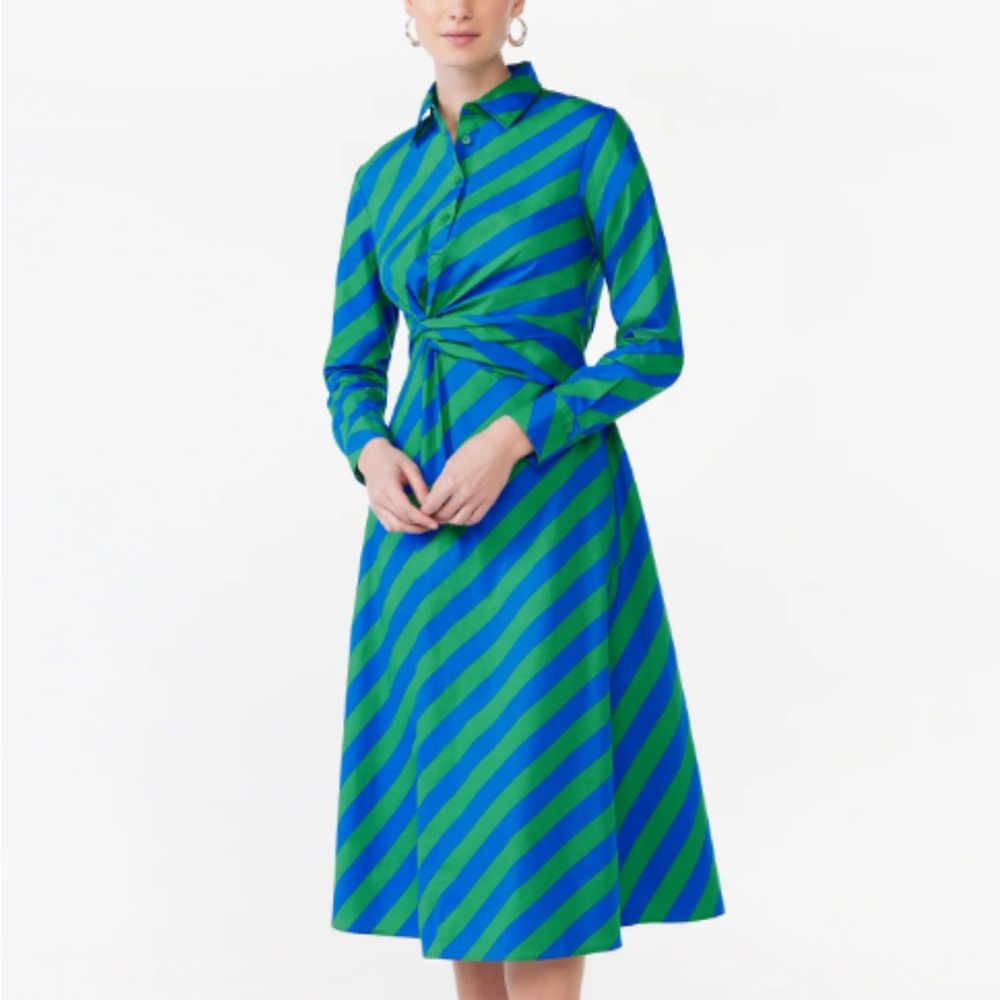 Scoop Blue and Green A-Line Dress with Cuffed Long Sleeves
